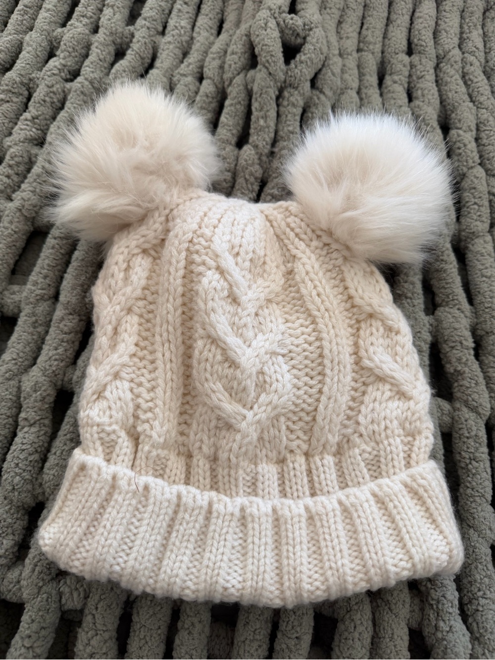 Cream Cable Knit Double Pom Pom Kids Beanie